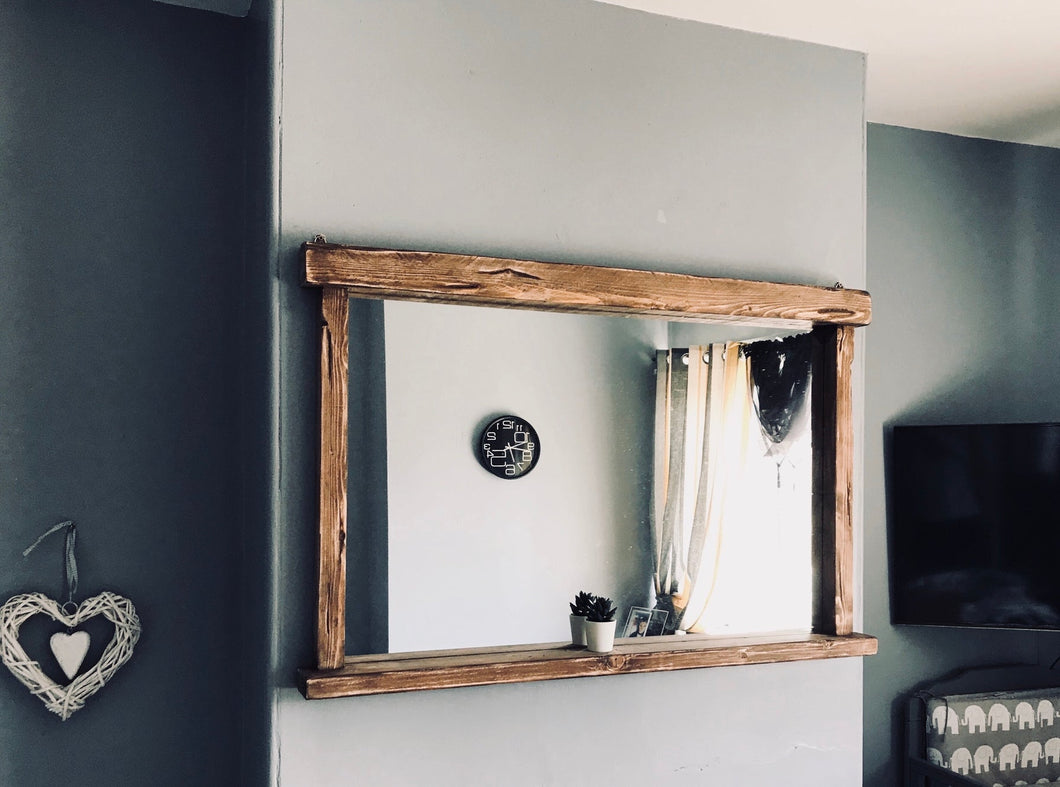 Handcrafted solid wood overhang shelf mirror